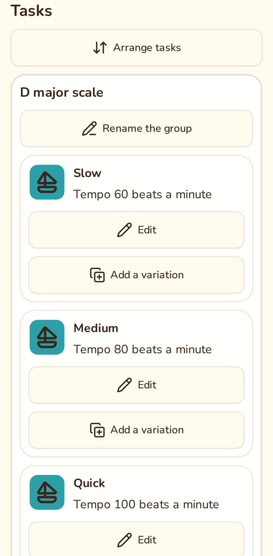 A notebook page with the group D major scale: slow, medium and quick
