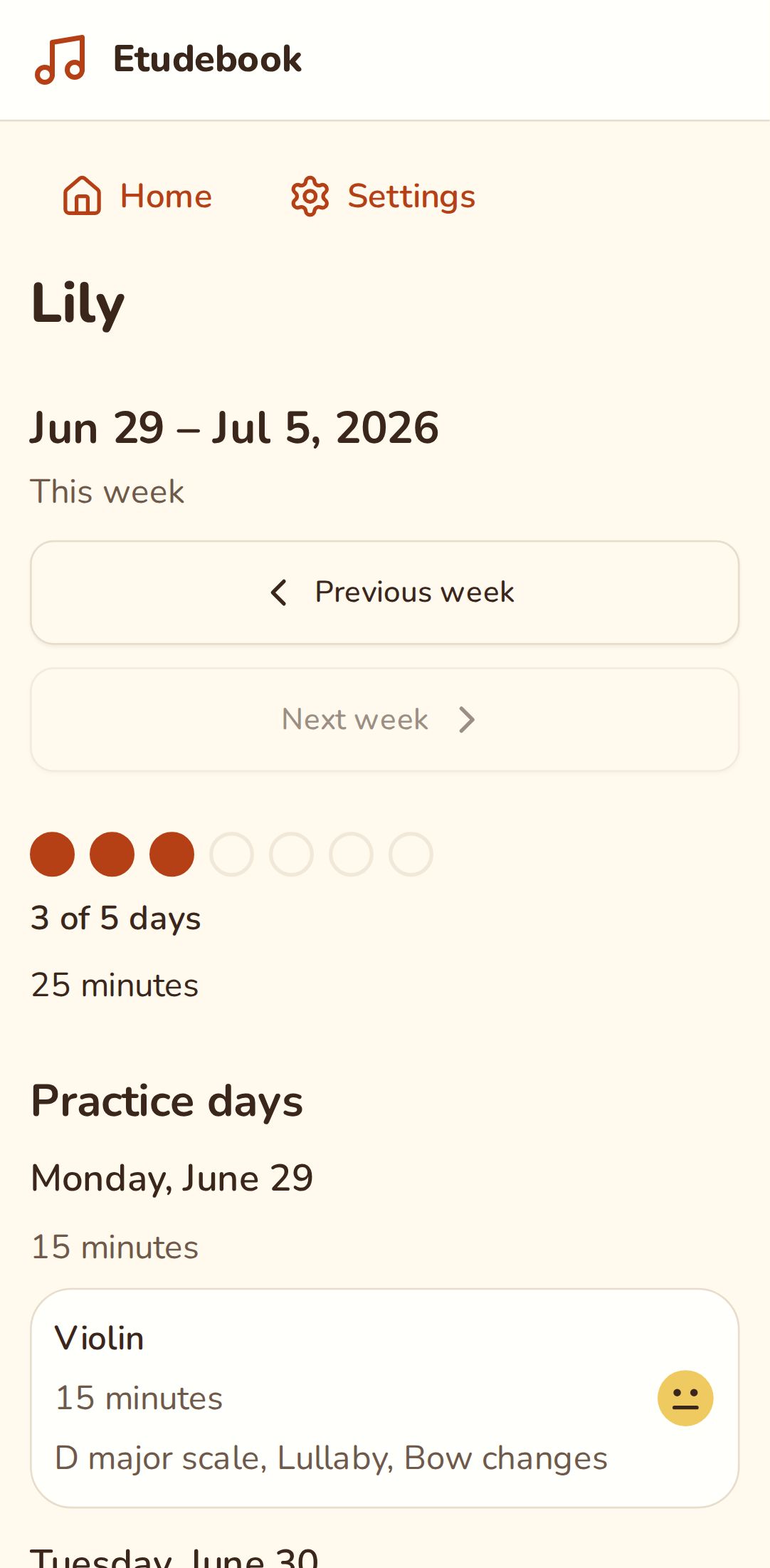 The week page with three practice days out of five