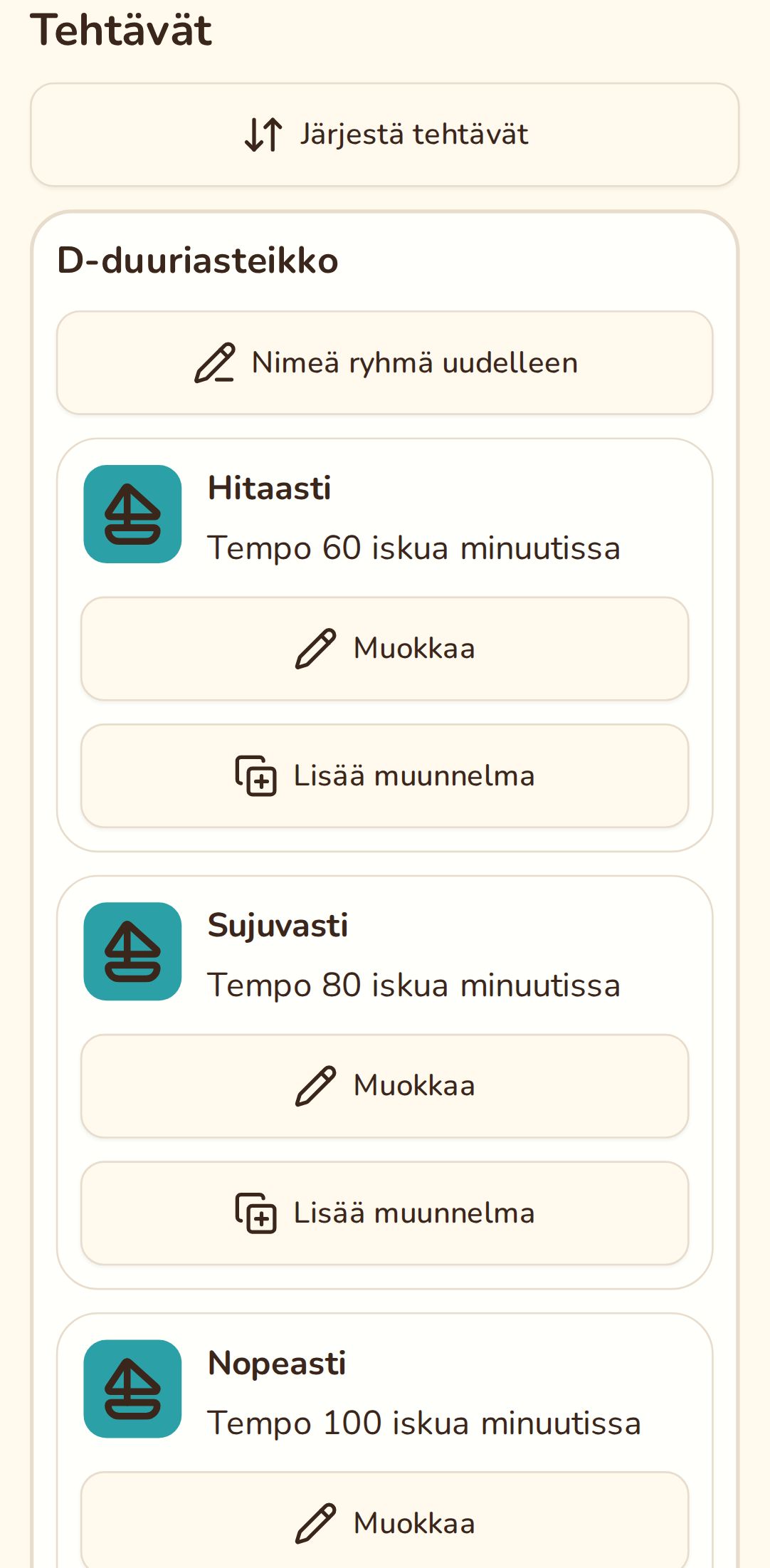 Vihkon sivu, jolla on ryhmä D-duuriasteikko: hitaasti, sujuvasti ja nopeasti