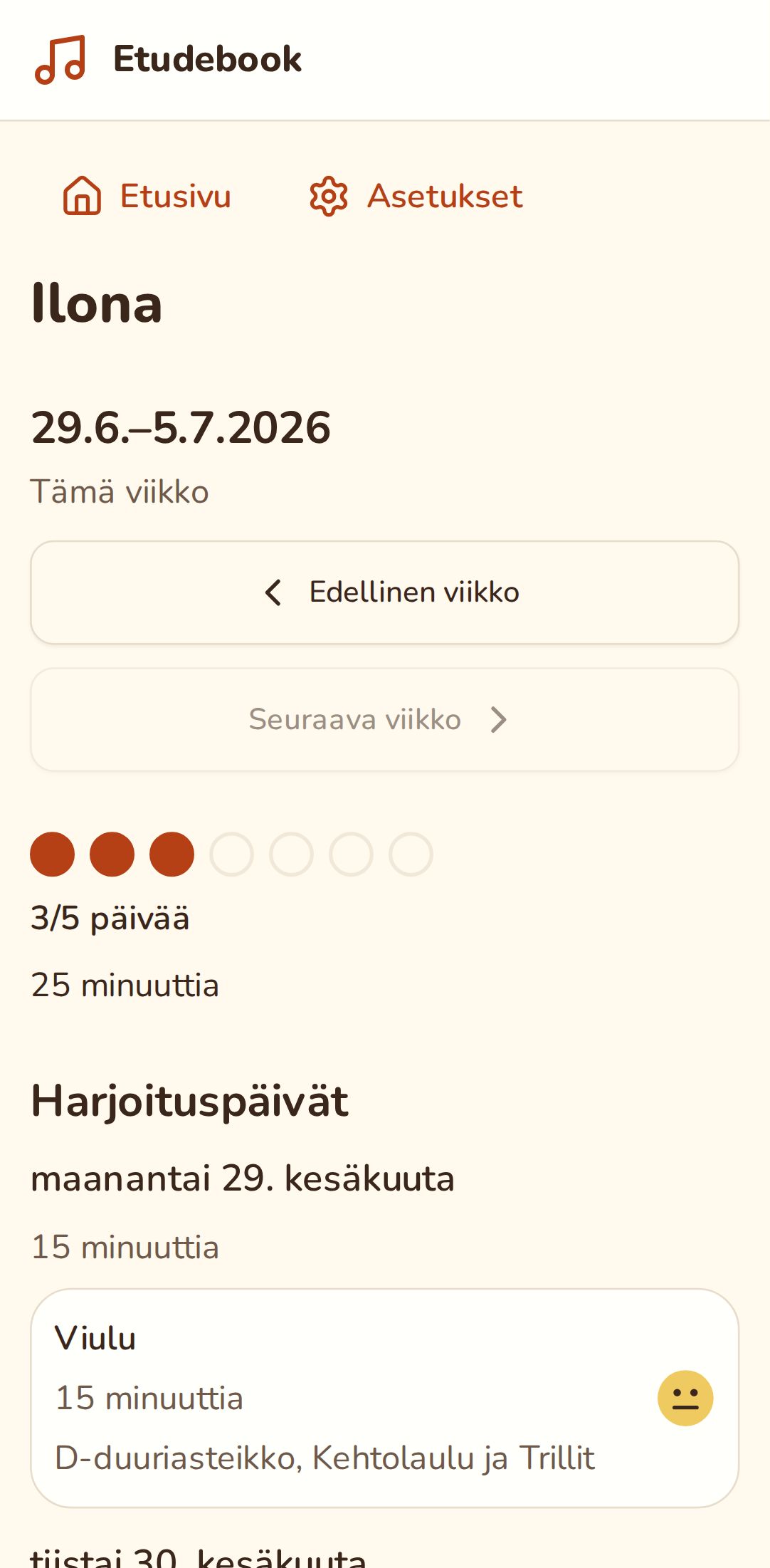 Viikon yhteenveto, jossa kolme harjoituspäivää viidestä