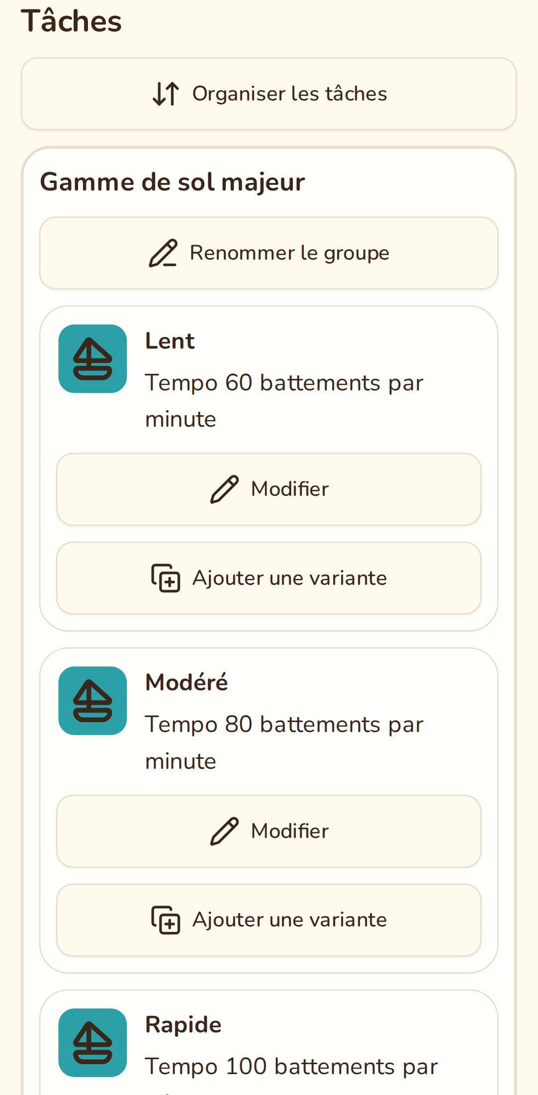 Une page du carnet avec le groupe Gamme de sol majeur : lent, modéré et rapide