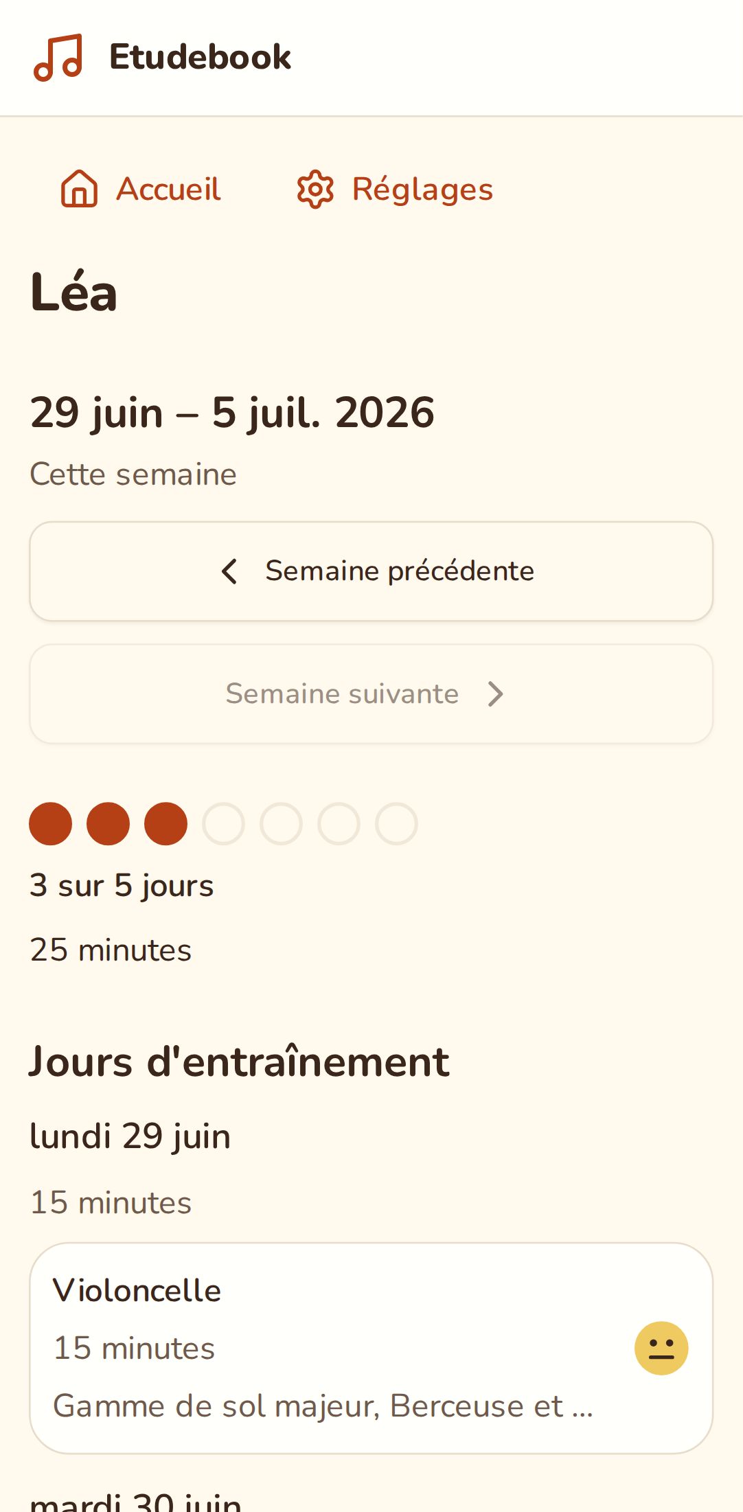 L'aperçu de la semaine avec trois jours d'entraînement sur cinq