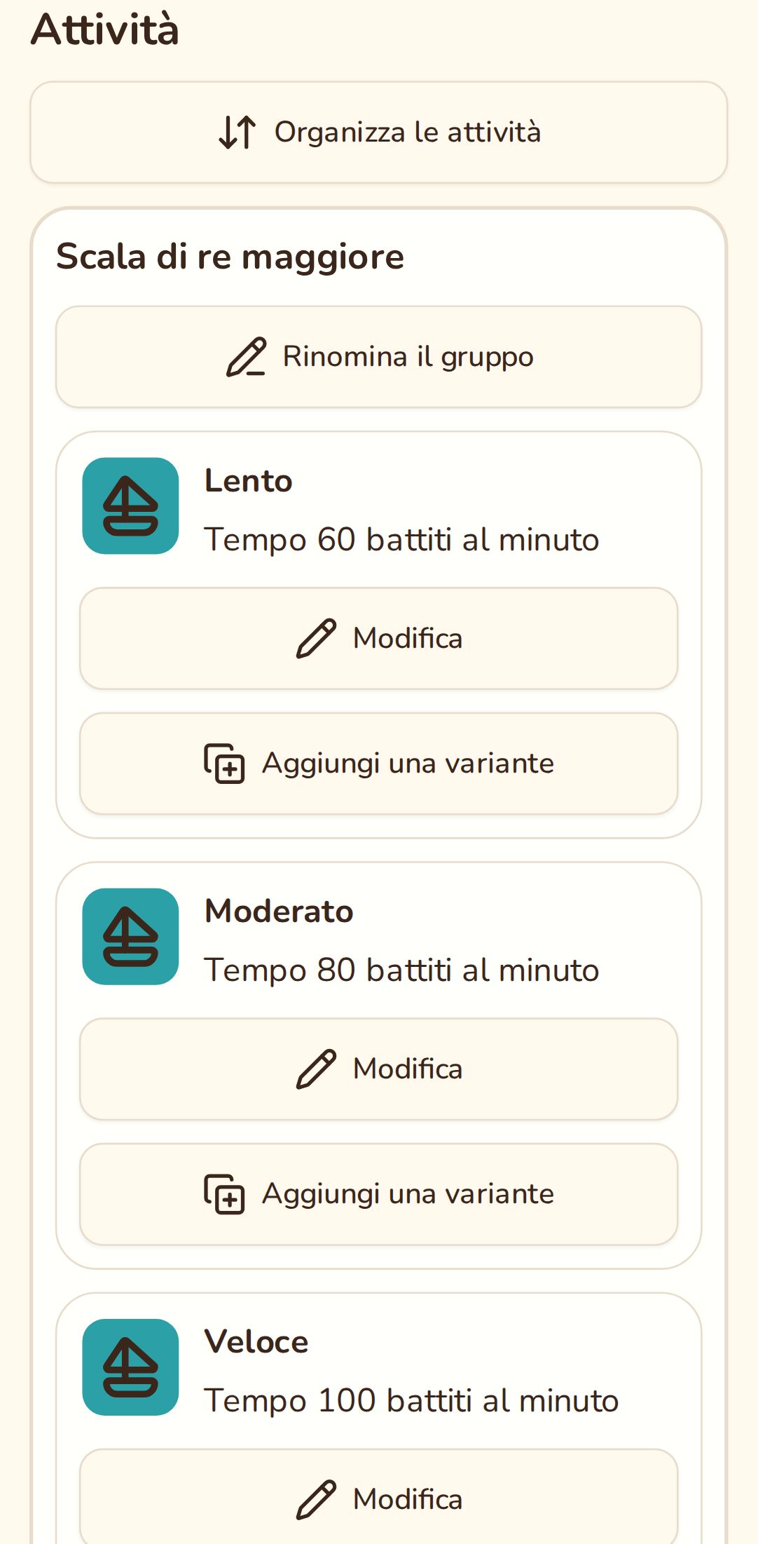 Una pagina del quaderno con il gruppo Scala di re maggiore: lento, moderato e veloce