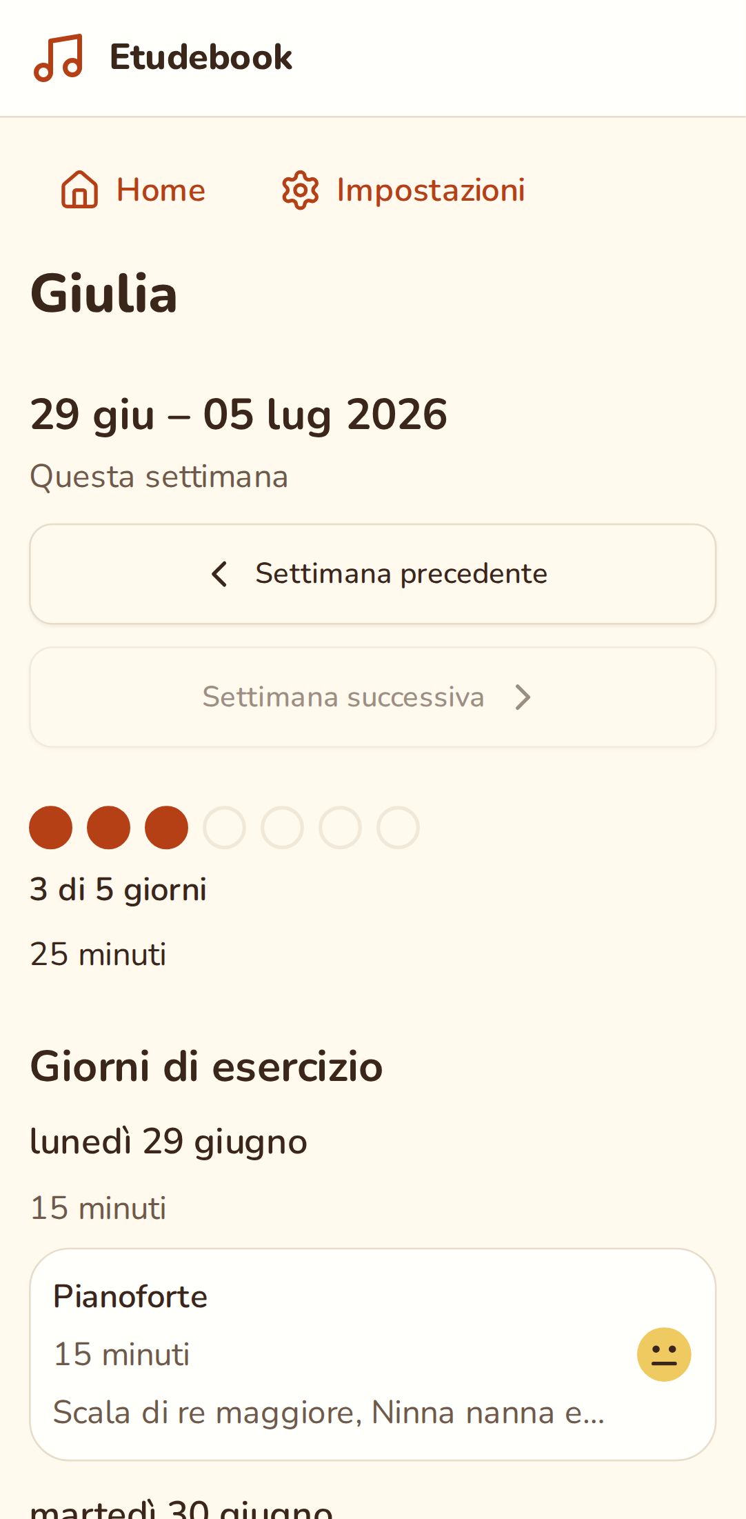 Il riepilogo della settimana con tre giorni di esercizio su cinque
