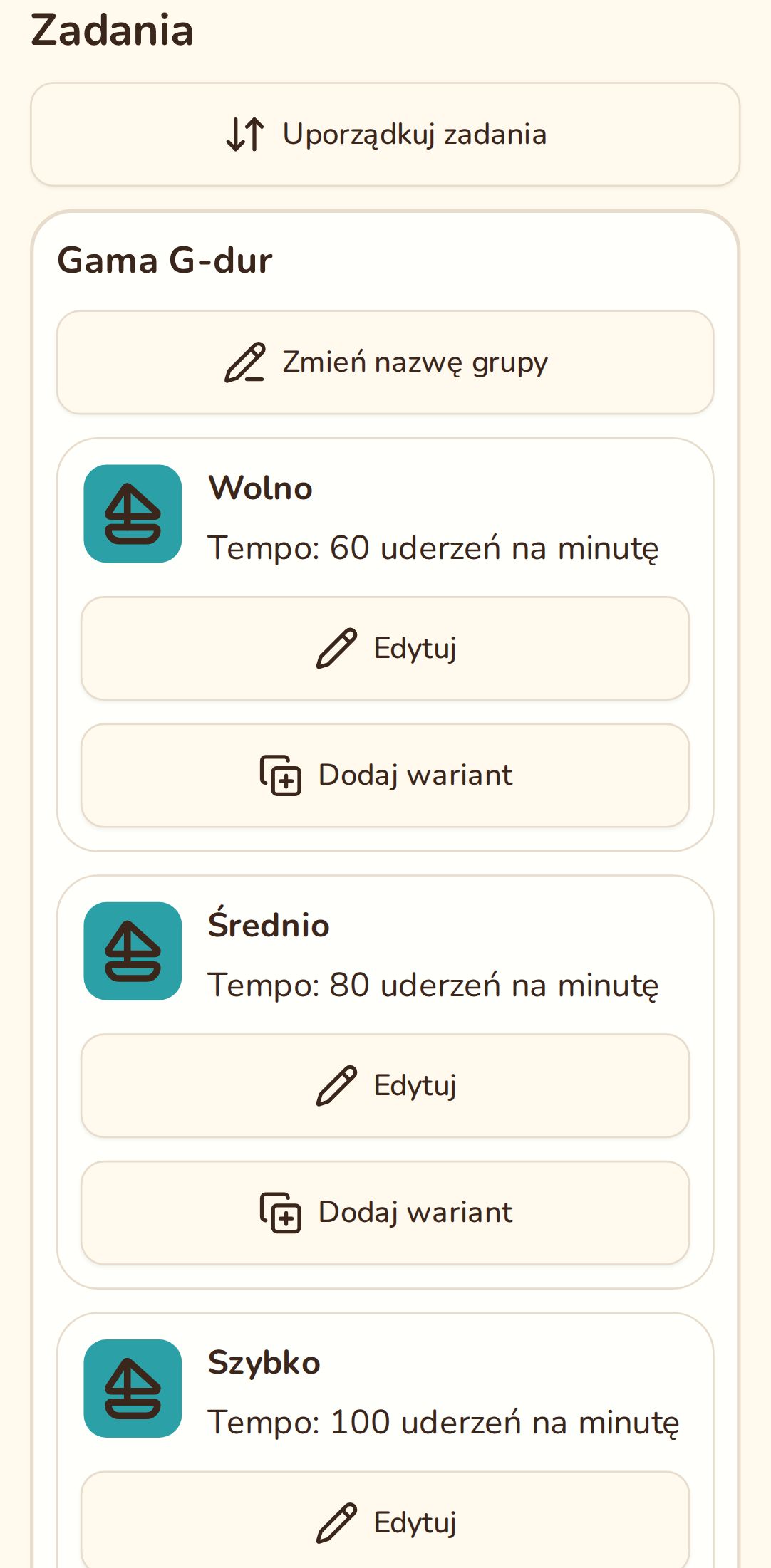 Strona zeszytu z grupą Gama G-dur: wolno, średnio i szybko