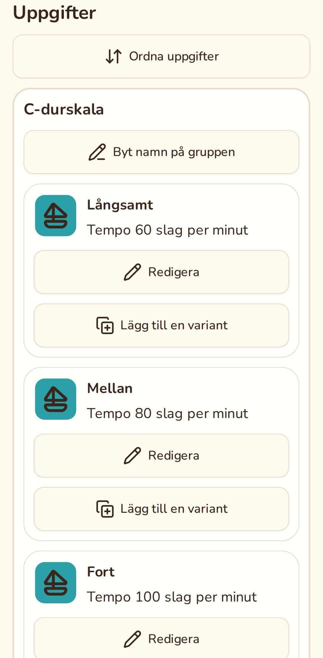 En dagbokssida med gruppen C-durskala: långsamt, mellan och fort