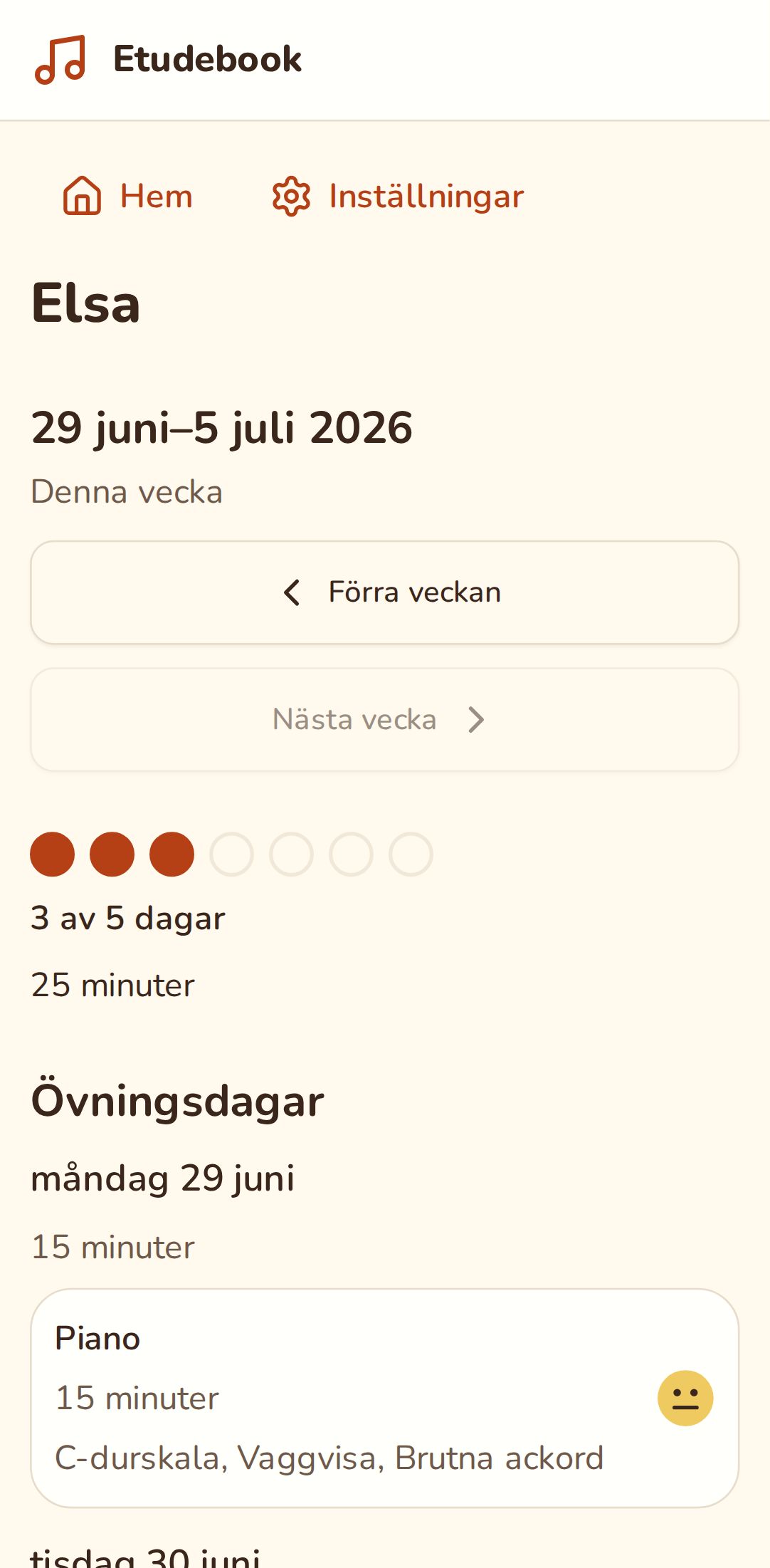 Veckoöversikten med tre övningsdagar av fem